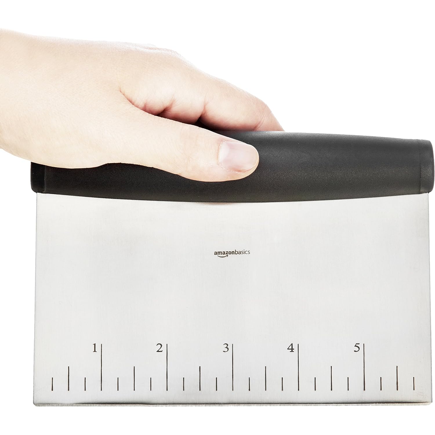 Amazon Basics Multi-Purpose Bench Scraper, Stainless Steel Dough Cutter With Measurement Marks, Dishwasher Safe, Non-Slip Contoured Grip, 6", Black, Silver
