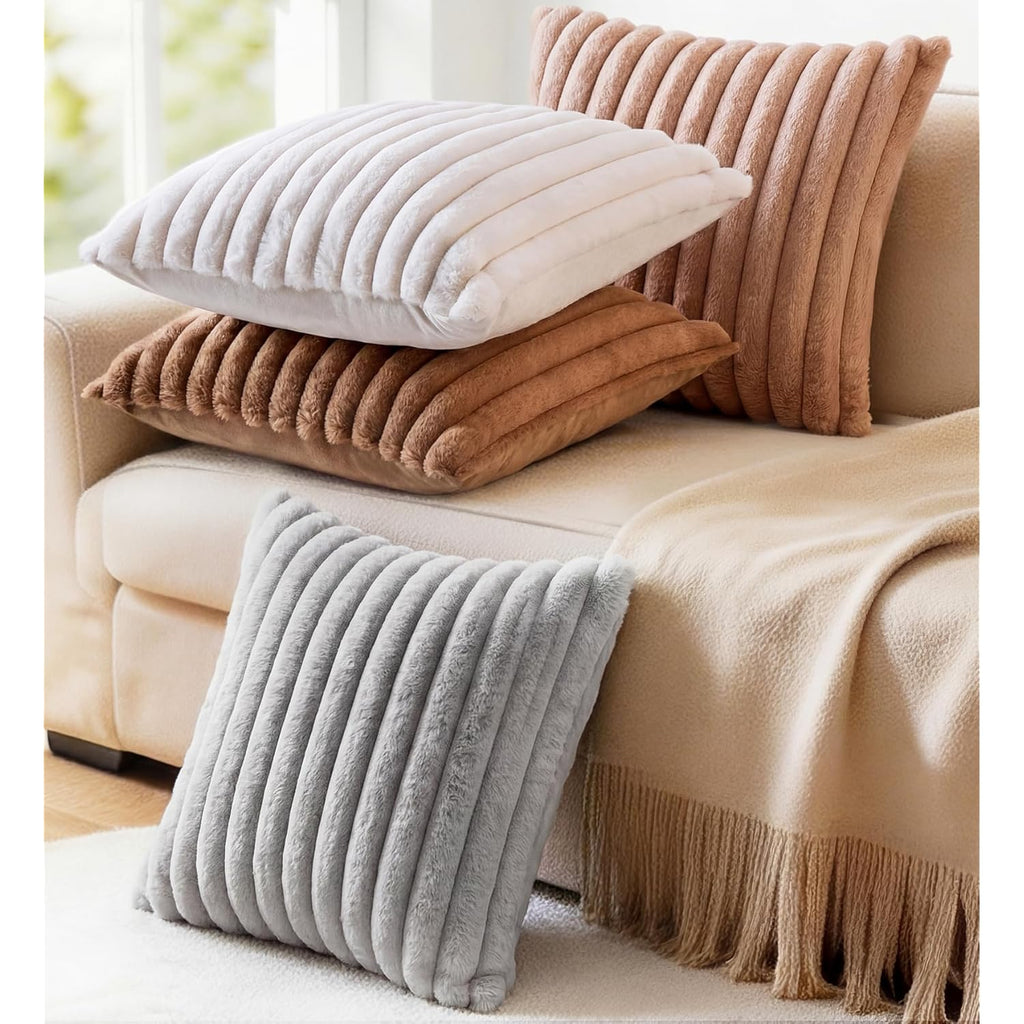 Pack of 2 Throw Pillow Covers 18x18 Decorative Solid Plush Faux Fur with Soft Velvet Back, Square Striped Cushion Cases Modern Farmhouse Home Decor for Living Room Couch Sofa Bed Cream White