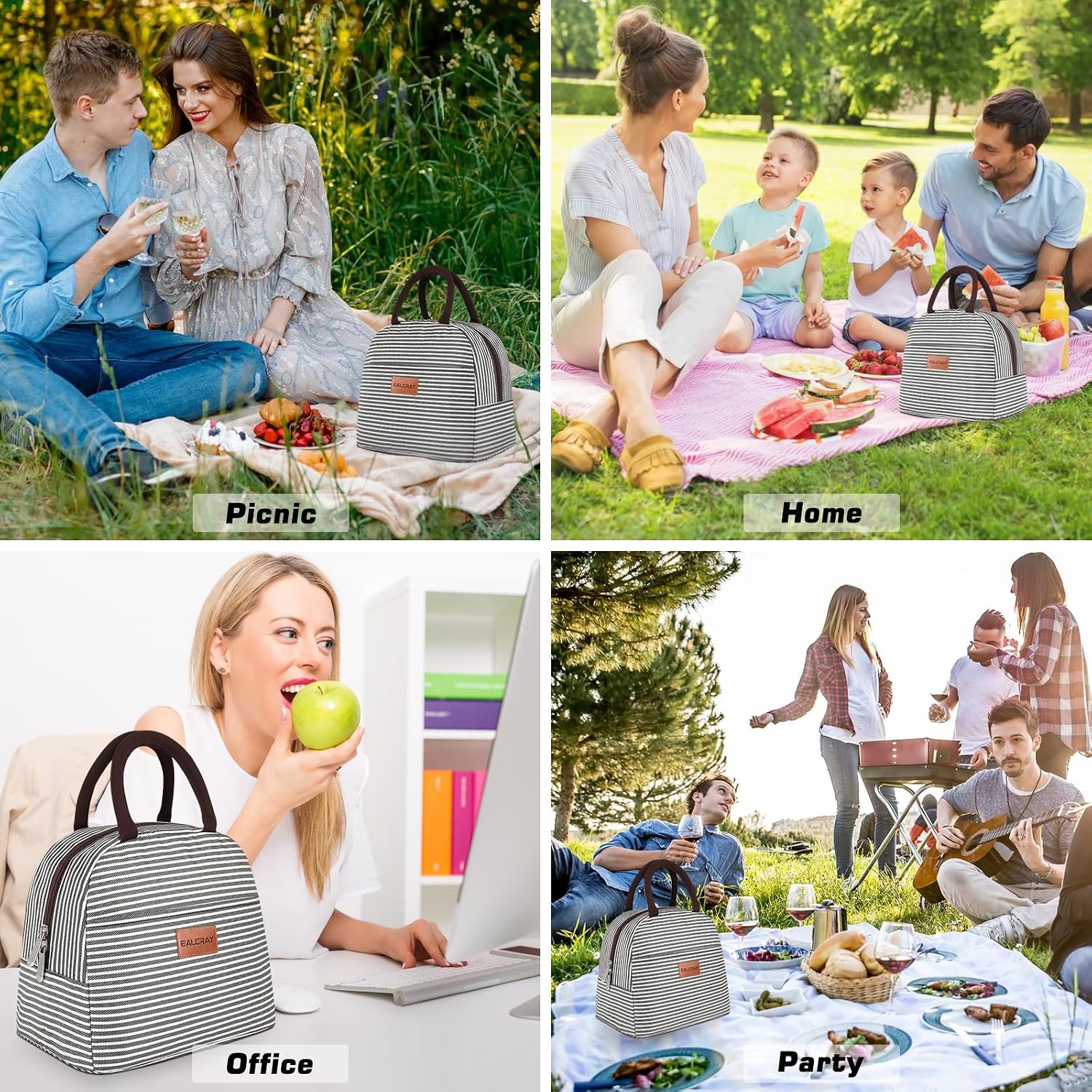Lunch Bag For Women Men Insulated Lunch Box For Adult Reusable Lunch Tote Bag For Work, Picnic Or Travel(Black White Stripes)