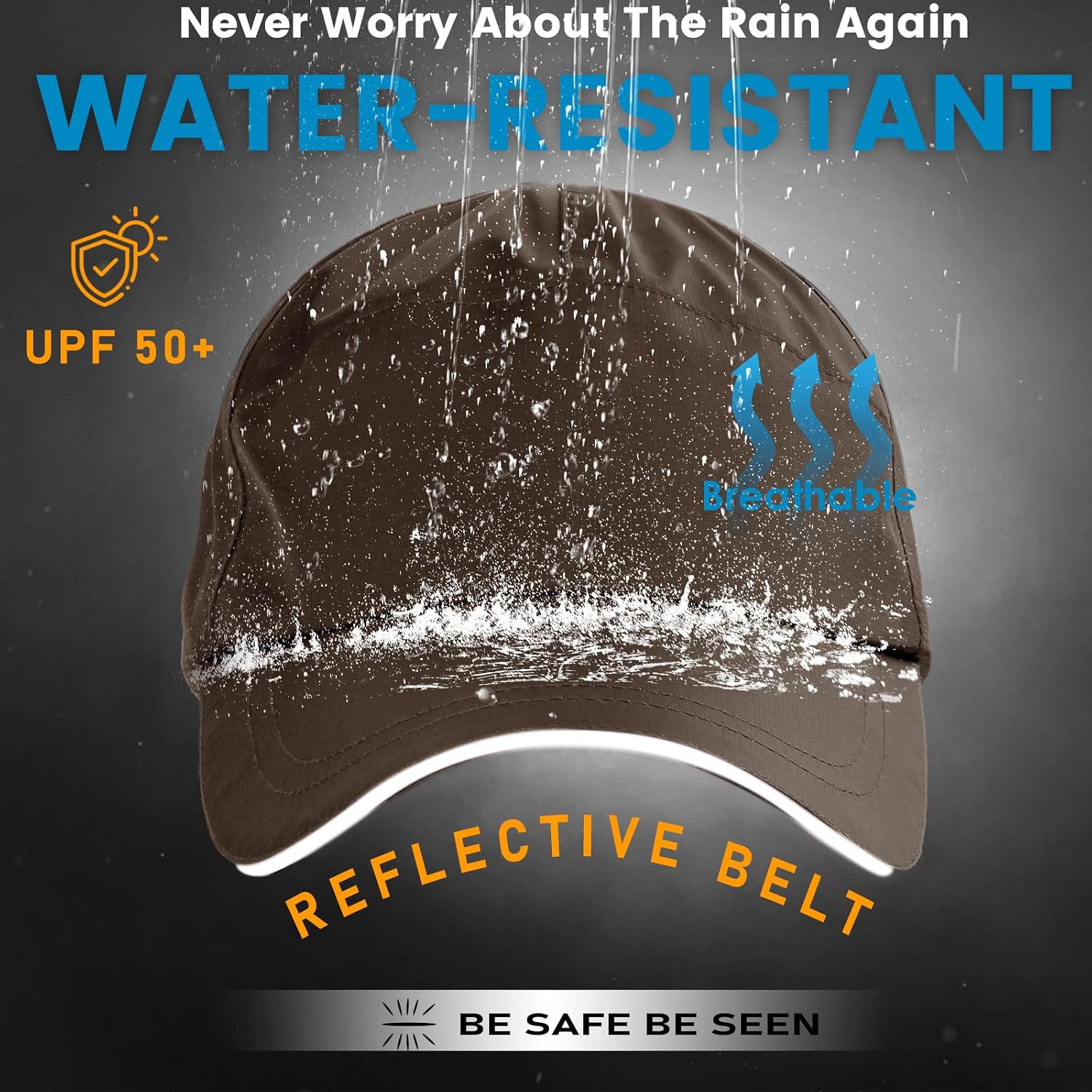Mens Waterproof Baseball Cap UPF 50+ Sun Protection Windproof Breathable Unisex Quick Dry Outdoor Rain Hat Coffee