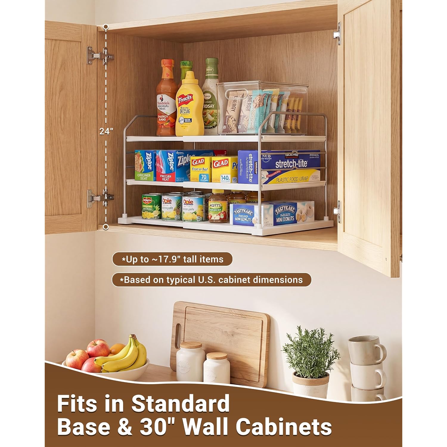 Everie Extendable 3-Tier Kitchen Cabinet & Pantry Organizer For Plastic Wrap, Foil & Storage Bags, Adjustable Heavy Duty Shelf Rack For Wrap Boxes, Jars & Snack Boxes (11–16.7 In Wide), Pack Of 1