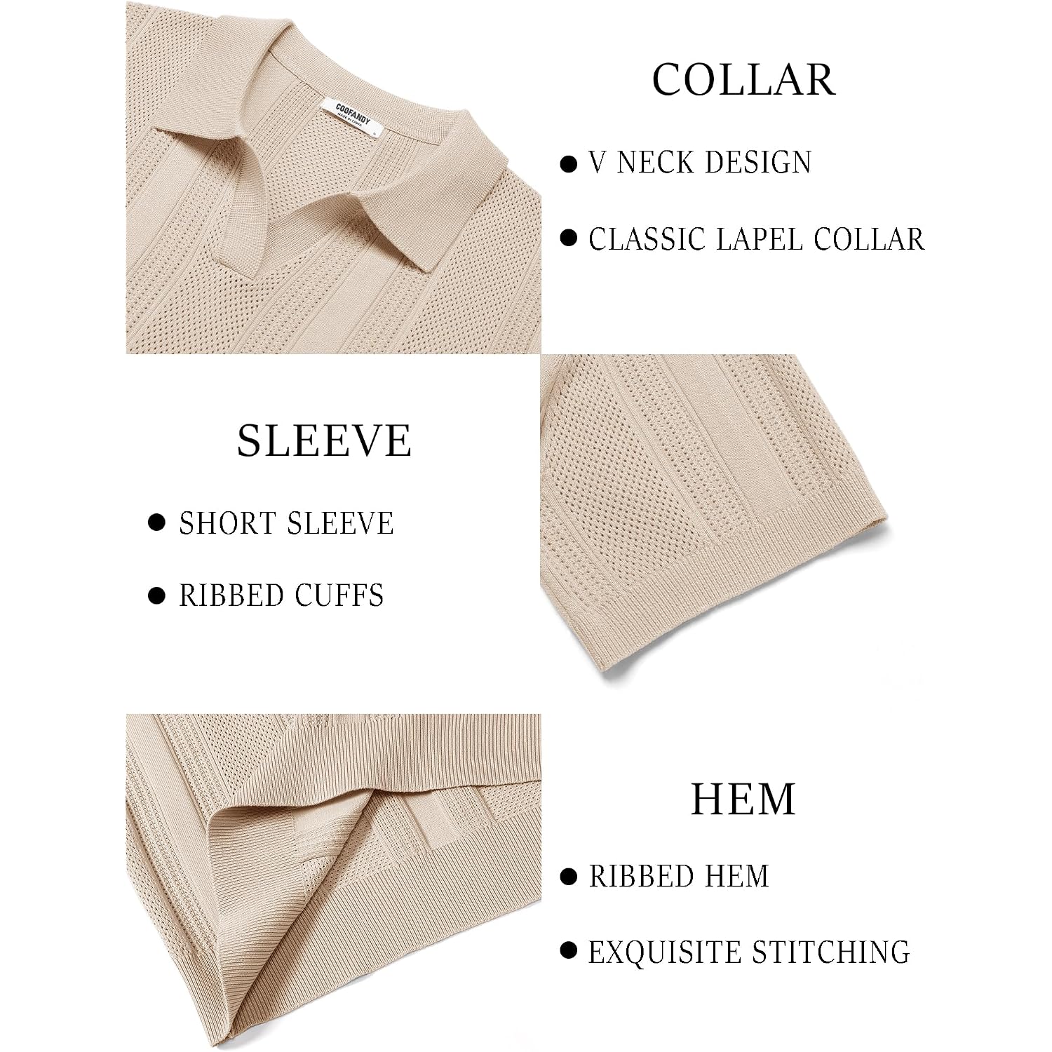 Coofandy Mens Knit Polo Shirts V Neck Textured Polo Shirts Short Sleeve Breathable Polo Casual Collared T Shirt Fashion Tops