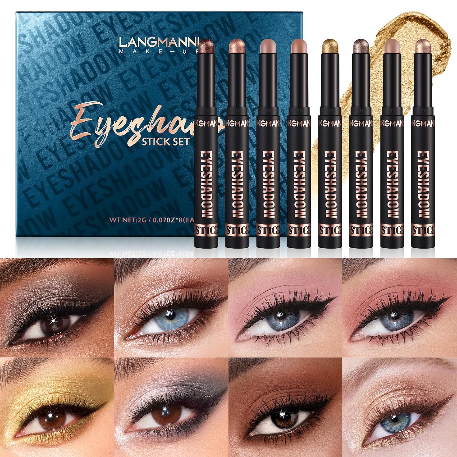 LANGMANNI 8 PCS Soft Smooth Cream Eyeshadow Stick Gift Set,Matte Earth Color+Bright Metal Color Contour Stick,Waterproof & Long-Lasting Eyeshadow (#B)
