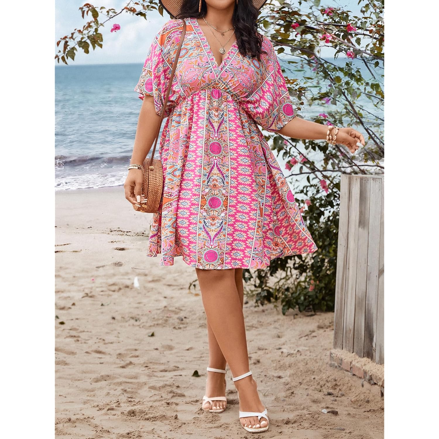 Floerns Women'S Plus Size Summer Vacation Wrap V Neck Short Sleeve Ruffle Hem A Line Hawaiian Short Dress