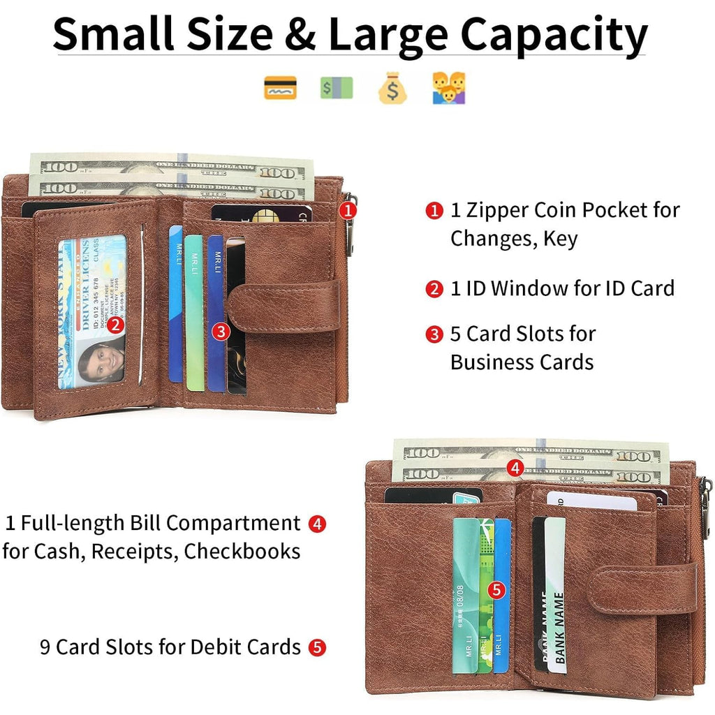 GAEKEAO Small Wallets for Women Vegan Leather RFID Blocking Bifold Zipper Pocket Wallet Card Case Purse with ID Window