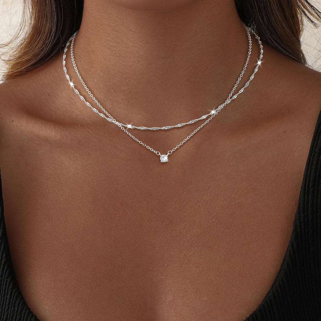 Dainty 14K Gold Plated/Silver Cubic Zirconia Diamond Necklaces for Women,Simple CZ Layered Gold Silver Necklaces Stack Trendy Jewelry Gifts