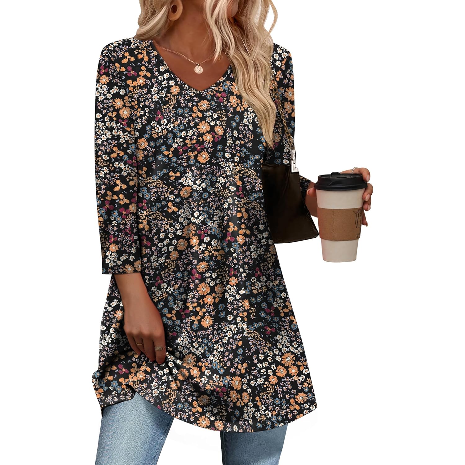 3/4 Length Sleeve Womens Tops Dressy Casual Plus Size Tunics to Wear with Leggings