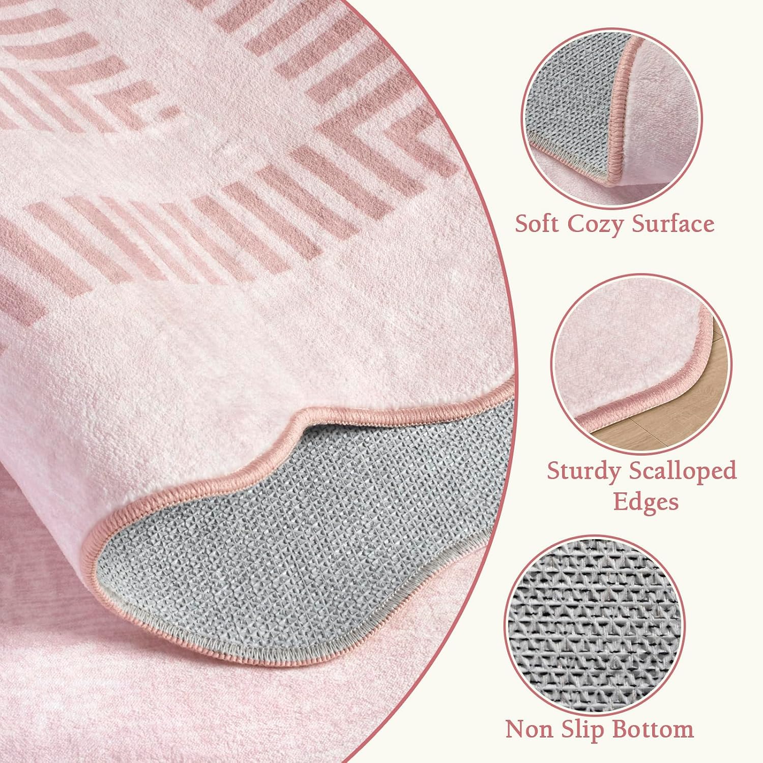 Pink Rugs For Bedroom Girls, 5X7 Washable Non Slip Area Rugs For Living Room, Soft Vintage Ultra-Thin Scalloped Carpet For Nursery Dorm Home Decor