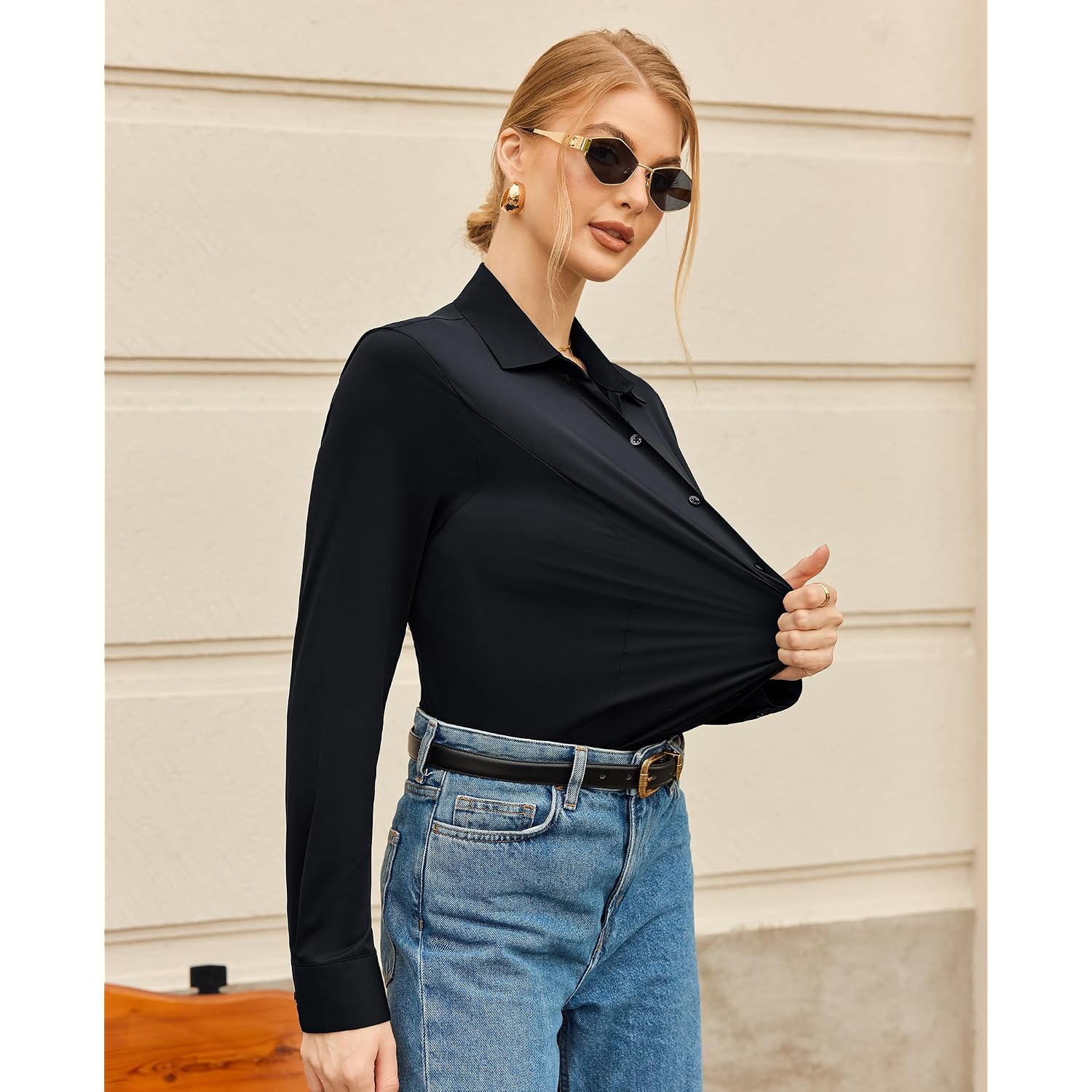Siliteelon Womens Stretch Button Down Shirts Slim Fit Long Sleeve Dress Shirt Wrinkle Free Collared Business Work Blouse Top