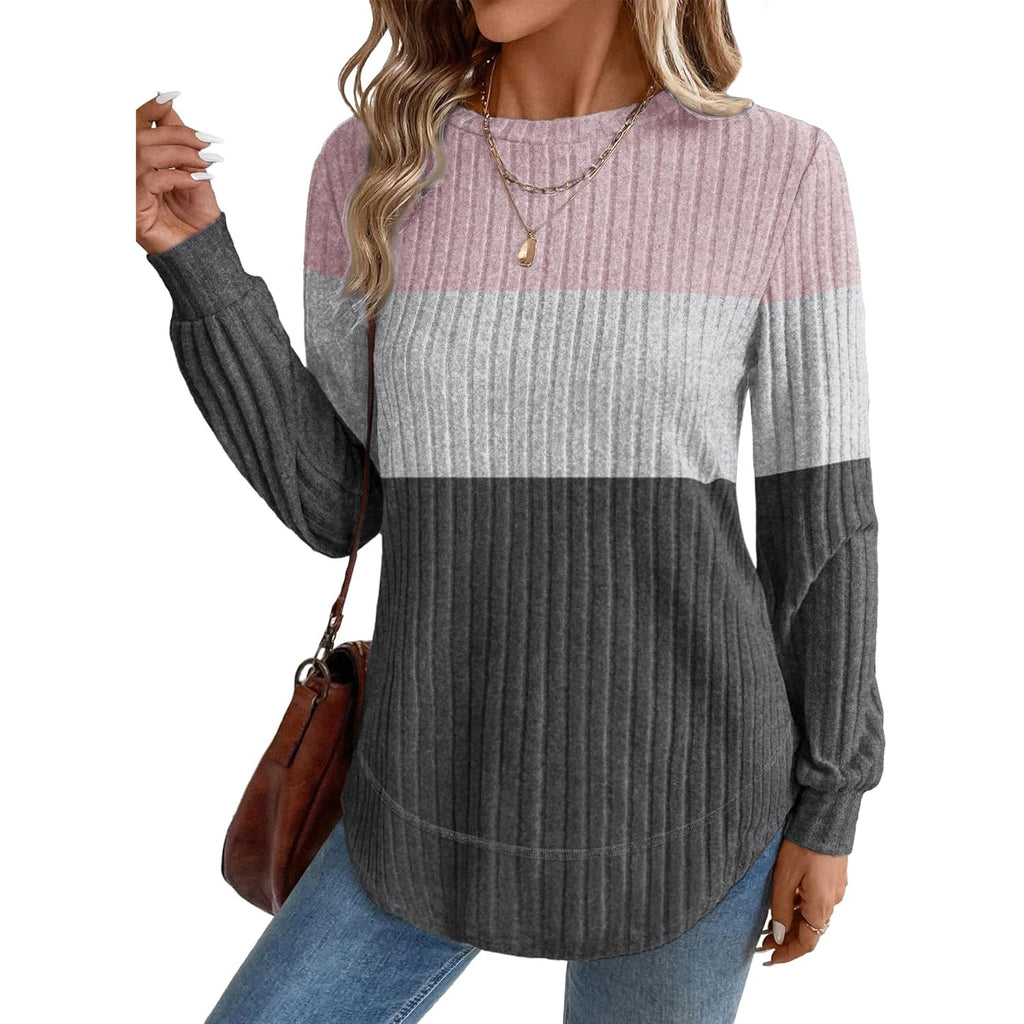 Tunic Tops for Women Loose Fit Dressy Long Sleeve Shirts Womens Sweaters Crew Neck Fall Clothing with Curved Hem