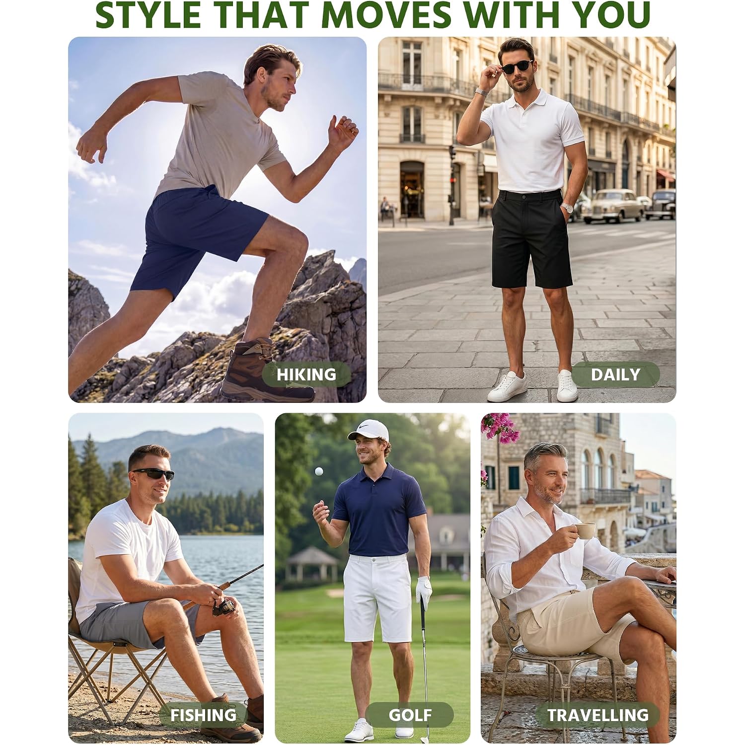 Wulcea Men'S Golf Shorts 9" Chino Stretch Fabric Elastic Waist Quick Dry Water Resistant Casual Dress Work With Phone Pocket