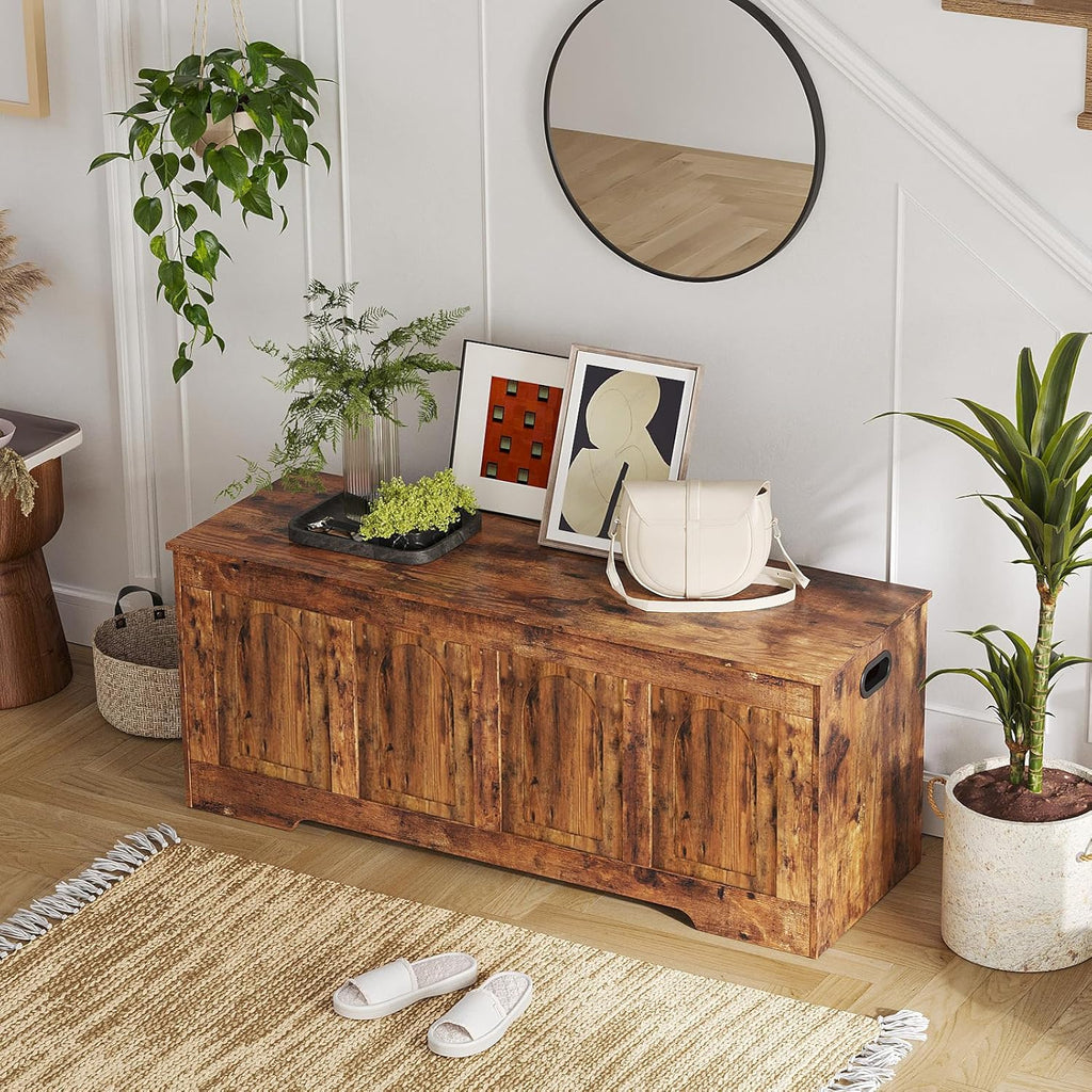 DINZI LVJ Storage Chest, 47.2”Wooden Storage Box with 2 Safety Hinges, Entryway Shoe Bench with Flip-Top, Large Trunk for Living Room, Bedroom, Easy Assembly, Rustic Brown