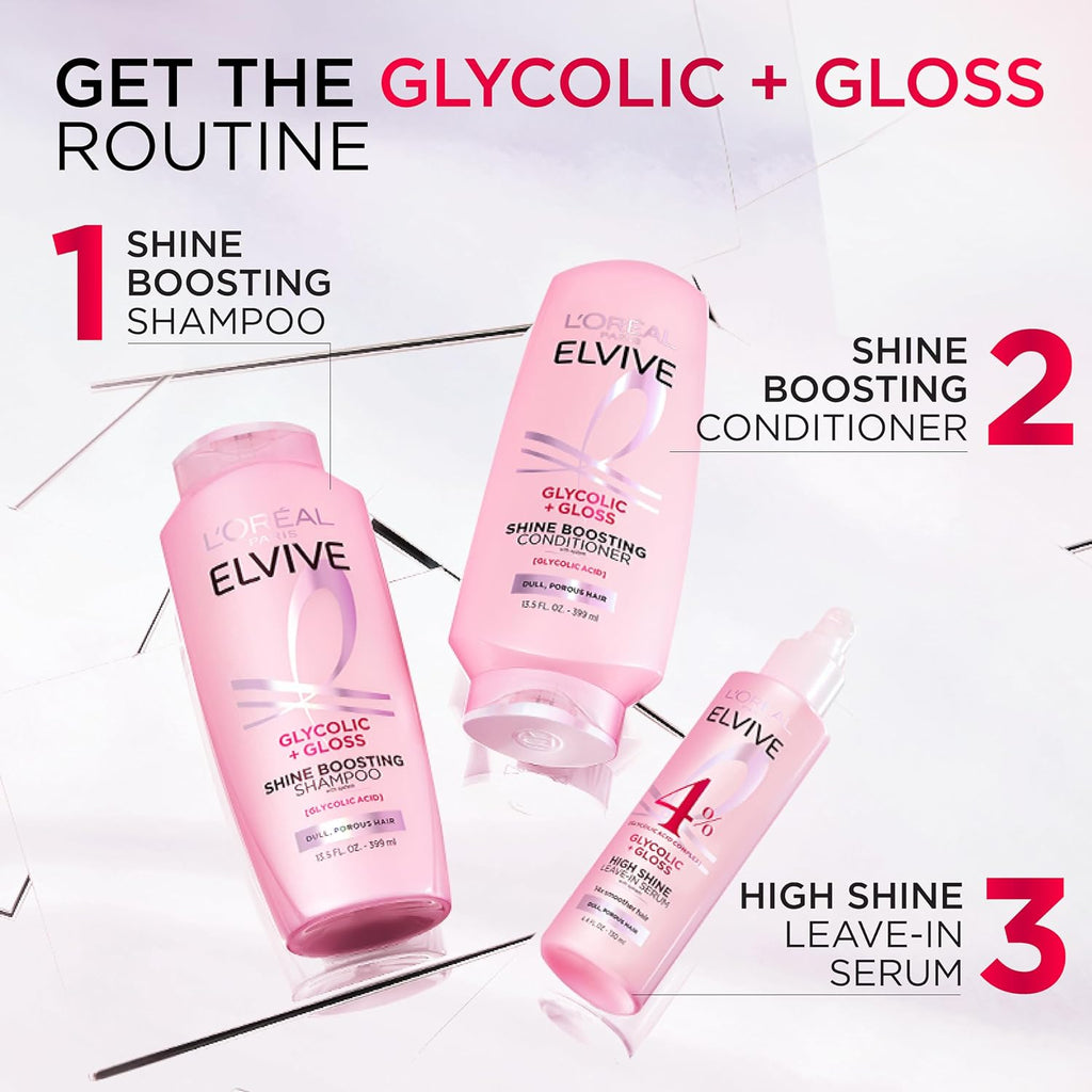 L'Oreal Paris Elvive Glycolic + Gloss Shine Boosting Shampoo And Conditioner Set, Cleanses And Smooths Dull, Porous Hair Into High-Shine, Glossy Hair, 56 Fl Oz Set