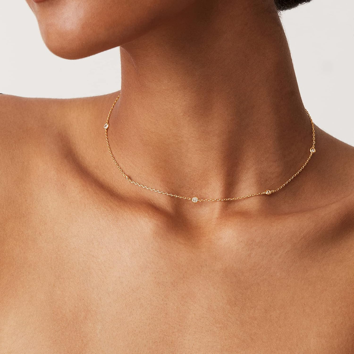 PAVOI 14K Gold Plated Station Necklace - Simulated Diamond Layering Necklaces - Womens CZ Chain