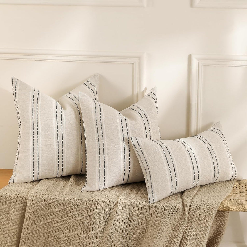 Hckot Throw Pillow Covers 20X20 Set Of 2 Striped Pillow Covers Textured Linen Decorative Pillows Square Cushion Covers For Sofa Couch Bed Living Room Farmhouse Decor, Grey