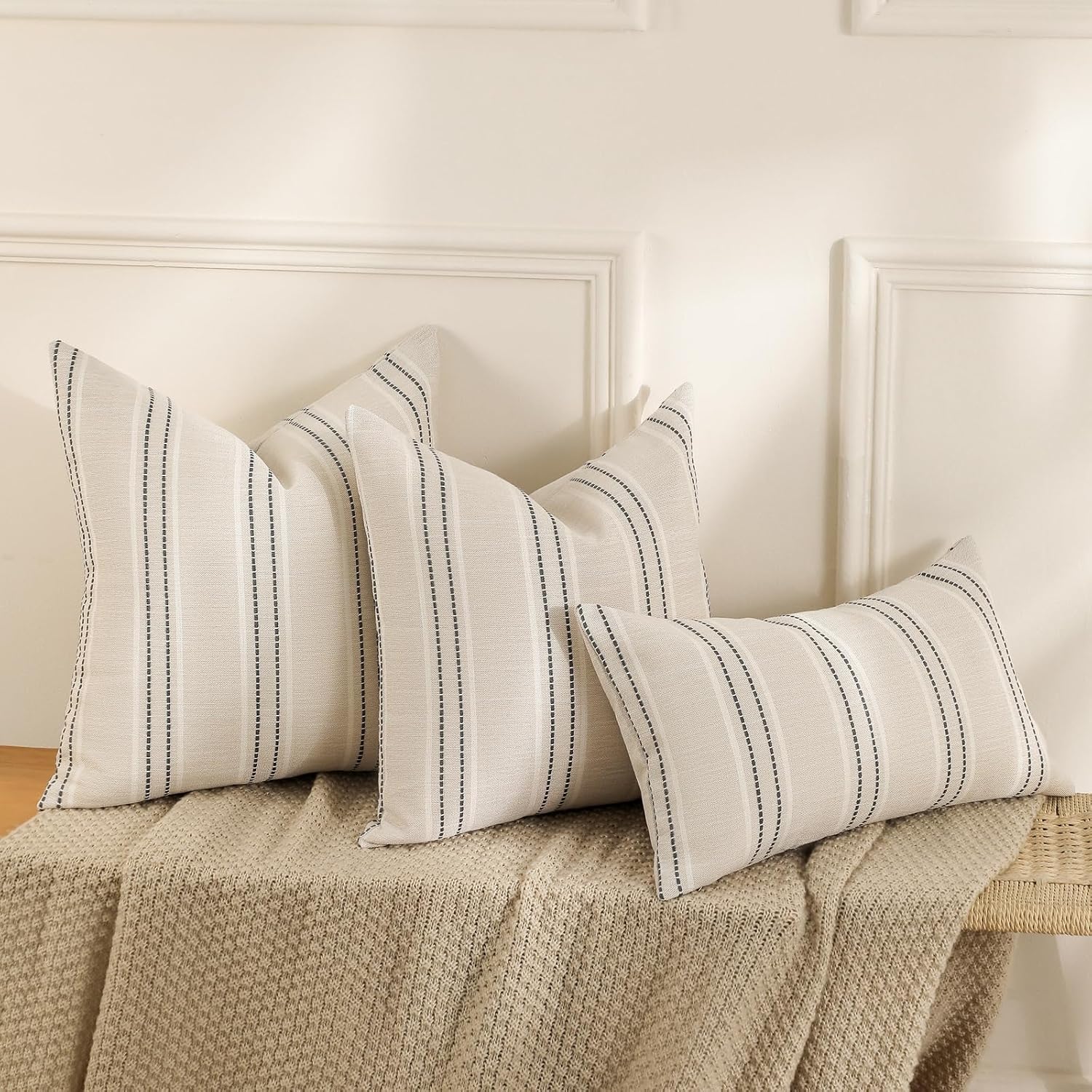 Hckot Throw Pillow Covers 20X20 Set Of 2 Striped Pillow Covers Textured Linen Decorative Pillows Square Cushion Covers For Sofa Couch Bed Living Room Farmhouse Decor, Grey