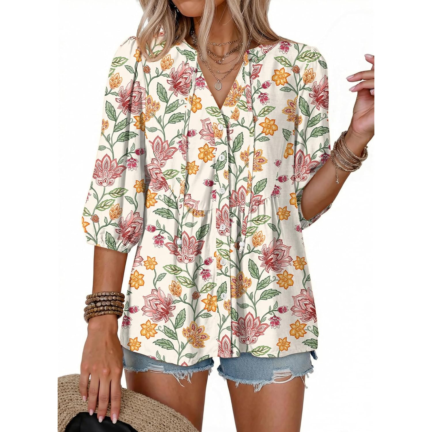 Dokotoo Womens Summer Tops Boho Floral Short Sleeve Button Down V Neck Peplum Babydoll Casual Loose Blouses Shirts
