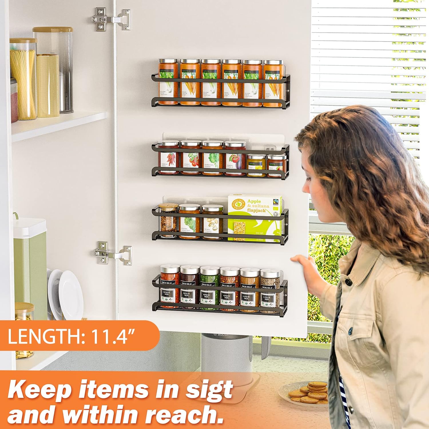 Bunoxea Spice Rack Wall Mounted 4 Pack, For Spice Jars & Seasonings,Black | 4 Removalble Hooks,Screw Or Adhesive Hanging, Space-Saving,For Kitchen Cabinet, Pantry Door,Stove,Rv Use,11.41X2.75X2.75In