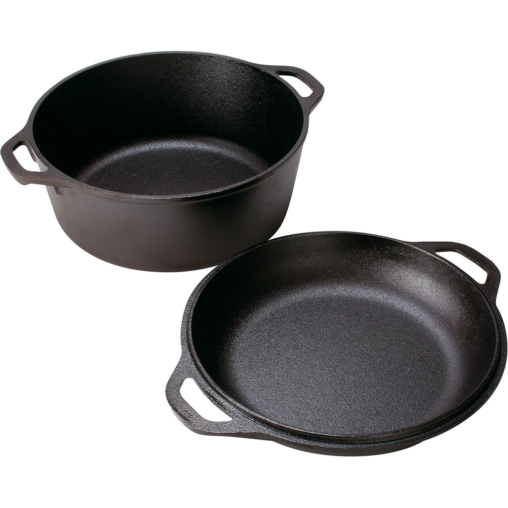 Lodge Cast Iron Double Dutch Oven 5 Quart - Pre-Seasoned 2-in-1 Cast Iron Cookware - Pot & Skillet Combo - Even Heat Retention - Oven-Safe, Versatile Pot