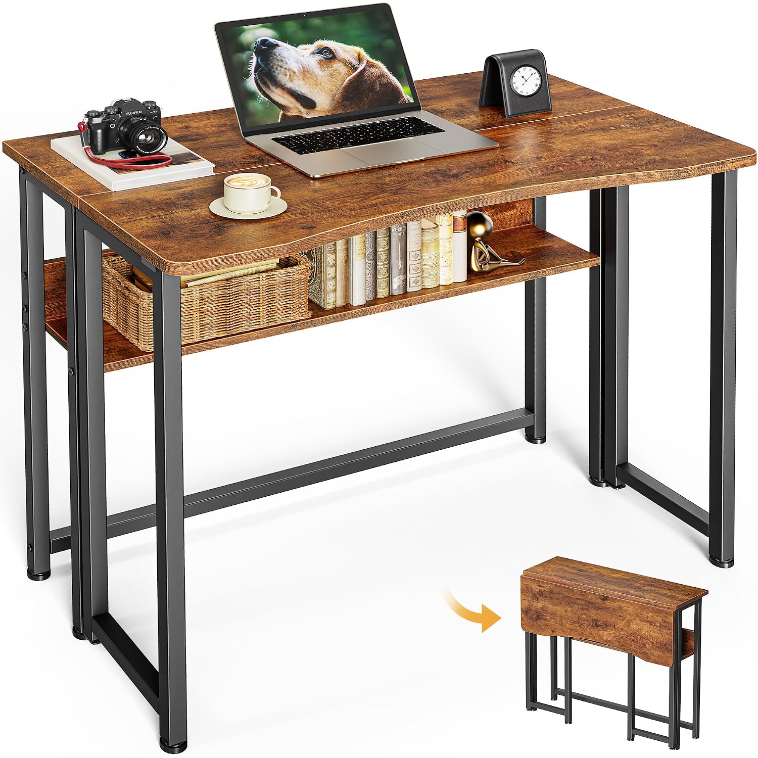 Huuger Folding Desk With Storage Shelf, 31.5 Inch Foldable Computer Table For Small Spaces, Space Saving Sofa Table For Couch, Writing Work Office Computer Desk, Easy To Fold, Rustic Brown