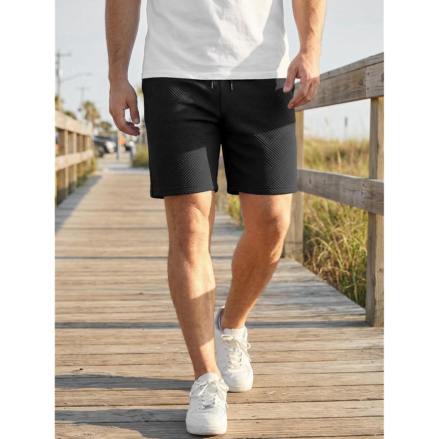Jmierr Mens Casual 7" Shorts Summer Drawstring Elastic Waist Beach Sweat Shorts Texture With Pockets