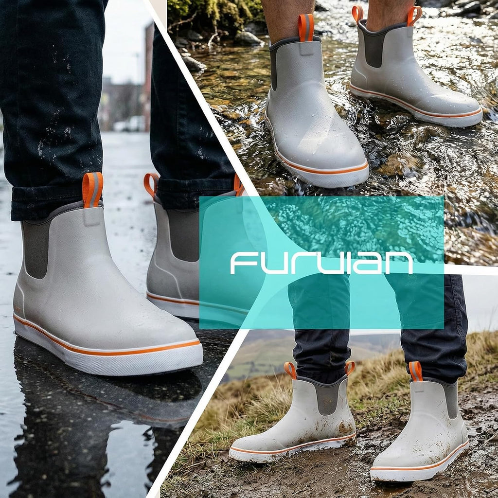 Furuian Men'S Deck Boots Fishing Boots Waterproof Rain Boots Ankle Booties Slip On Neoprene Rubber Footwear Chelsea Boots Men Botas Para Hombre For Gardening Fishing Boating Camping Sailing