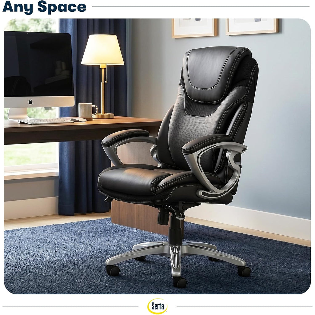 Serta Bryce Executive Office Chair - Ergonomic Computer Deskchair With Lumbar Technology - Adjustable Height - Memory Foam Body Pillows - 360° Swivel Rolling Base - Bonded Leather - Black