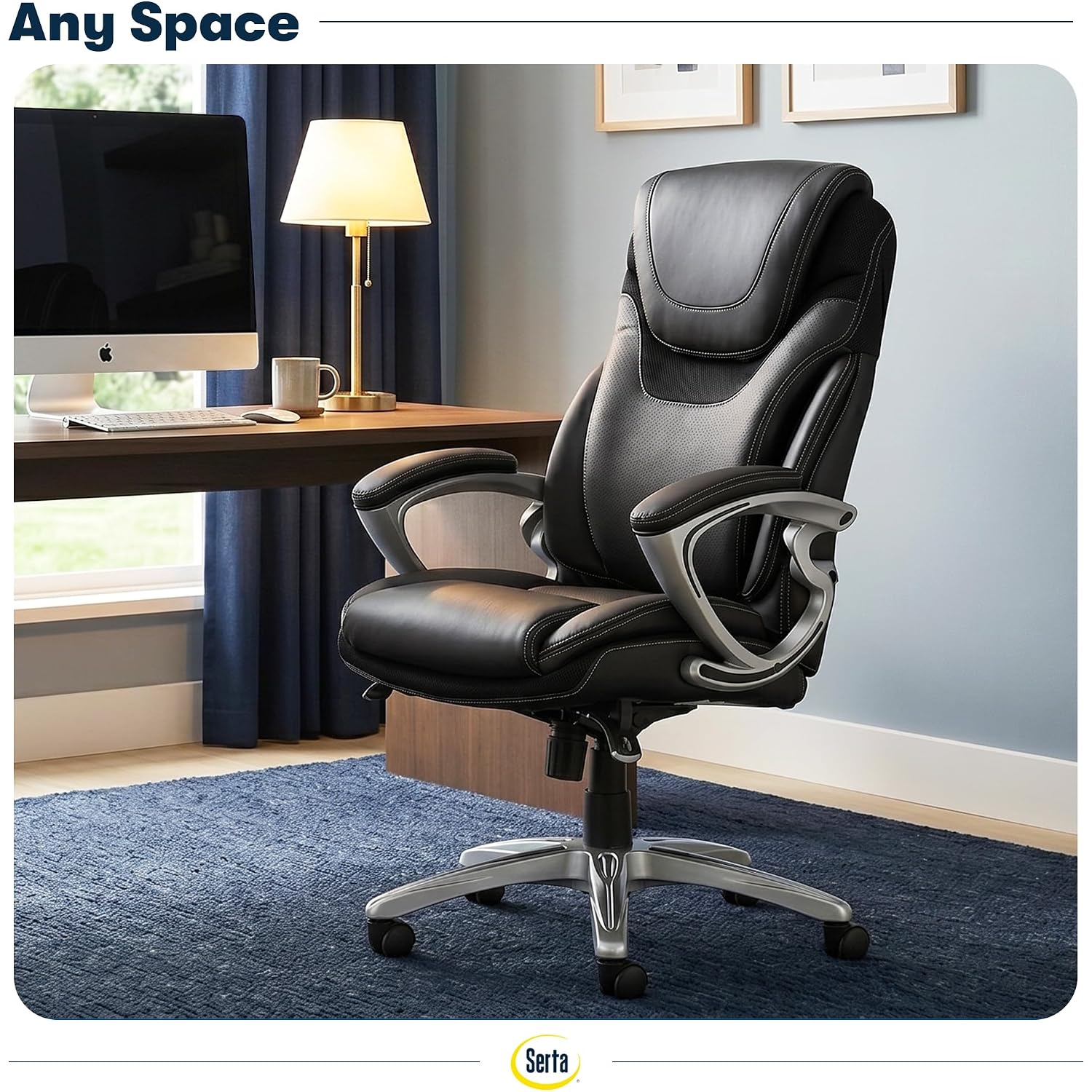 Serta Bryce Executive Office Chair - Ergonomic Computer Deskchair With Lumbar Technology - Adjustable Height - Memory Foam Body Pillows - 360° Swivel Rolling Base - Bonded Leather - Black
