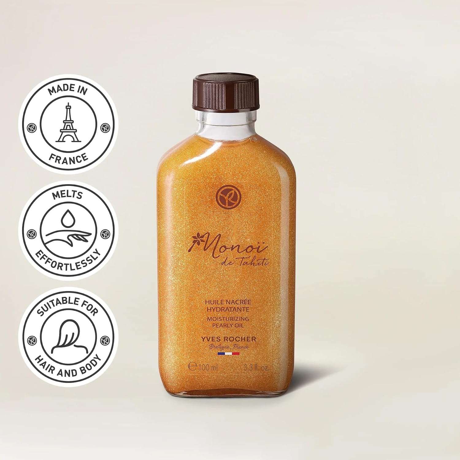 Yves Rocher Monoï De Tahiti Pearly Body Oil, Shimmering Moisturizing Body Oil With Tahitian Gardenia Scent, Deep Hydration, Subtle Glow & Radiance, Lightweight Non-Greasy, 100Ml / 3.3 Fl Oz