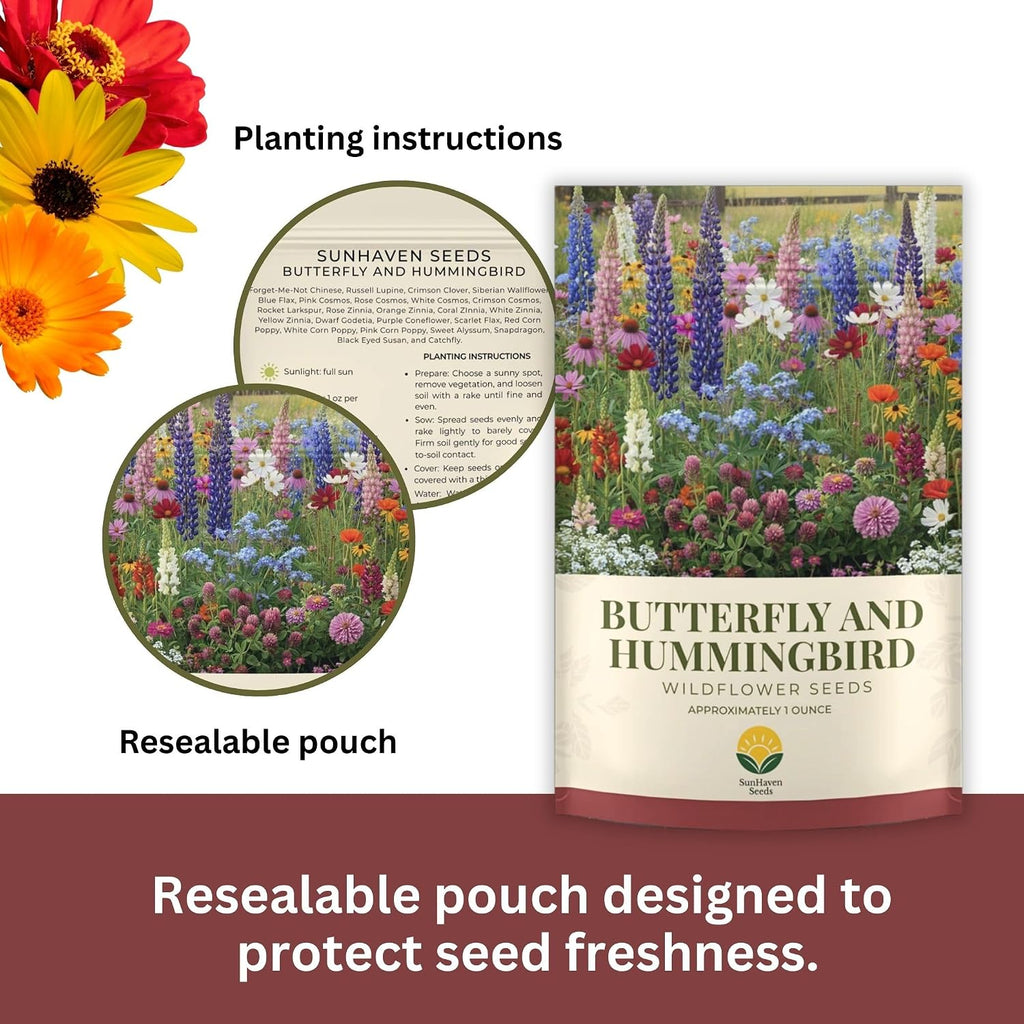 Butterfly And Hummingbird Wildflower Mix – 30,000+ Seeds – 1 Oz Bulk Extra Large Resealable Packet – Non-Gmo Open Pollinated Wildflower Seeds
