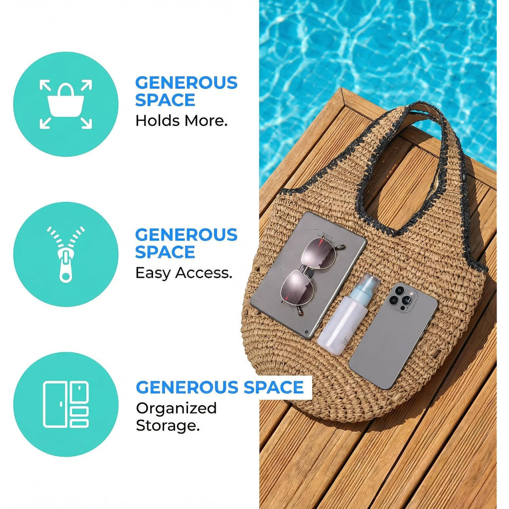 Jollque Straw Bag For Women, Raffia Tote Large Summer Beach Purse Woven Shoulder Bags Boho Vacation Handbag With Zipper
