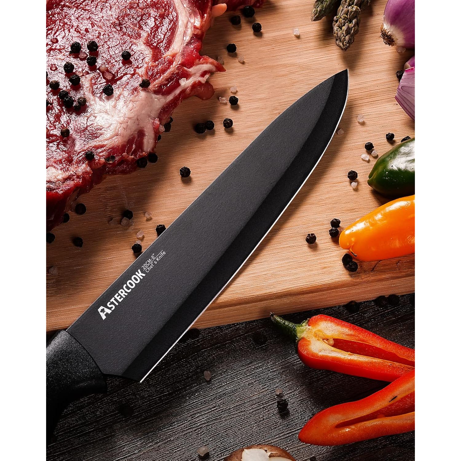 Astercook Knife Set, Kitchen Knife Set with Built-in Sharpener Block, Dishwasher Safe, 15 Pieces German Stainless Steel Knife Block Set, Black Perfect Kitchen Gifts for Mom Dad