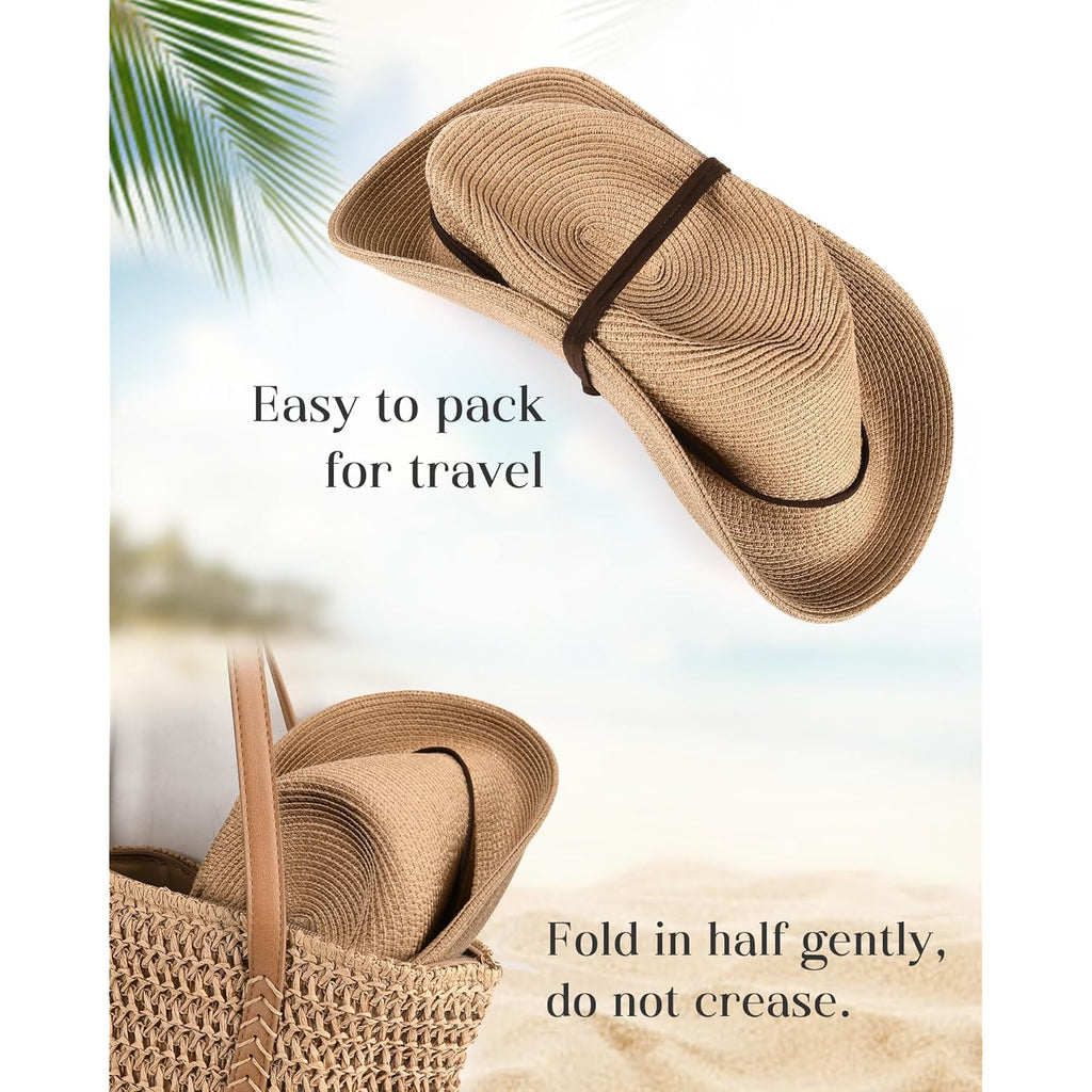 FURTALK Womens Summer Straw Sun Hats Wide Brim Panama Fedora Beach Hat with Wind Lanyard UPF 80+