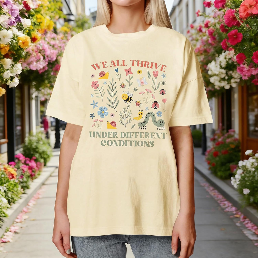 Women's Special Education Teacher Shirt Floral Mental Health Shirt Neurodiversity Tshirt Graphic Short Sleeve Top We All Thrive