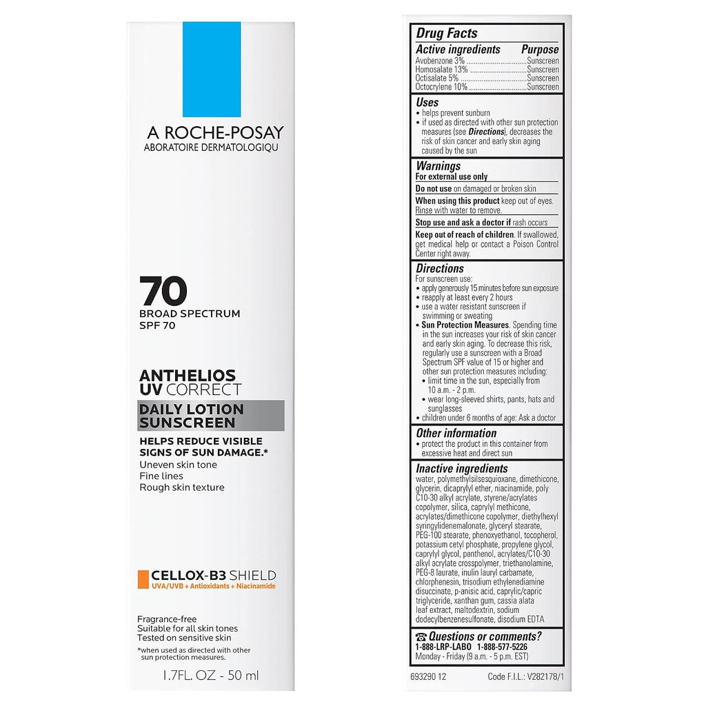 La Roche-Posay Anthelios Uv Correct Sunscreen Moisturizer Spf 70, Daily Anti-Aging Face Moisturizer With Niacinamide To Even Skin Tone & Fine Lines, Sun Protection For Sensitive Skin