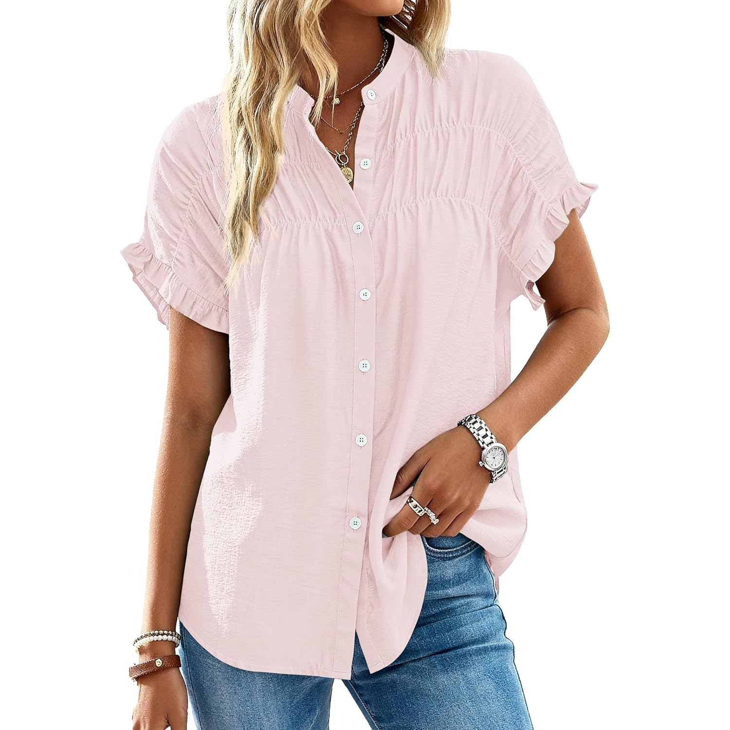 Mascomoda Womens 2026 Button Down Shirts Ruffle Short Sleeve Loose Summer Tops Dressy Casual V Neck Business Work Blouses