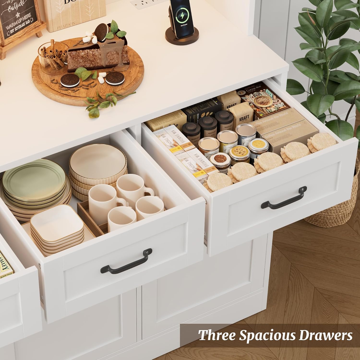 Hostack Kitchen Pantry Storage Cabinet, Tall Kitchen Hutch Cabinet, White | 47"W Food Pantry Cabinet With Smart Led / Charging Station / Countertop / 3 Large Drawers, 72"H Storage Hutch For Dining Room
