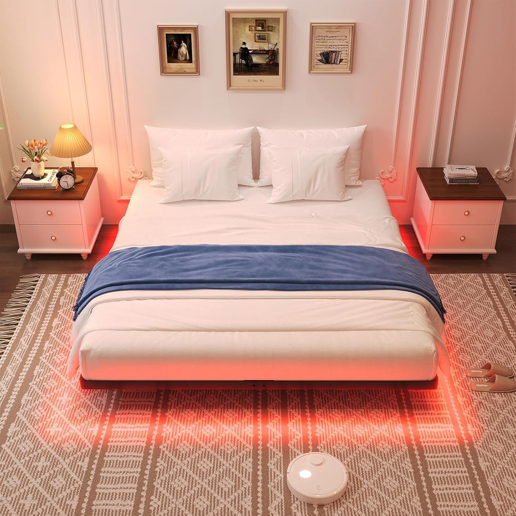 Floating Bed Frame Queen Size, Queen Bed Frame With Smart Led Lights, Heavy Duty Modern Metal Platform Bed No Box Spring Needed - Easy Assembly And Noise Free