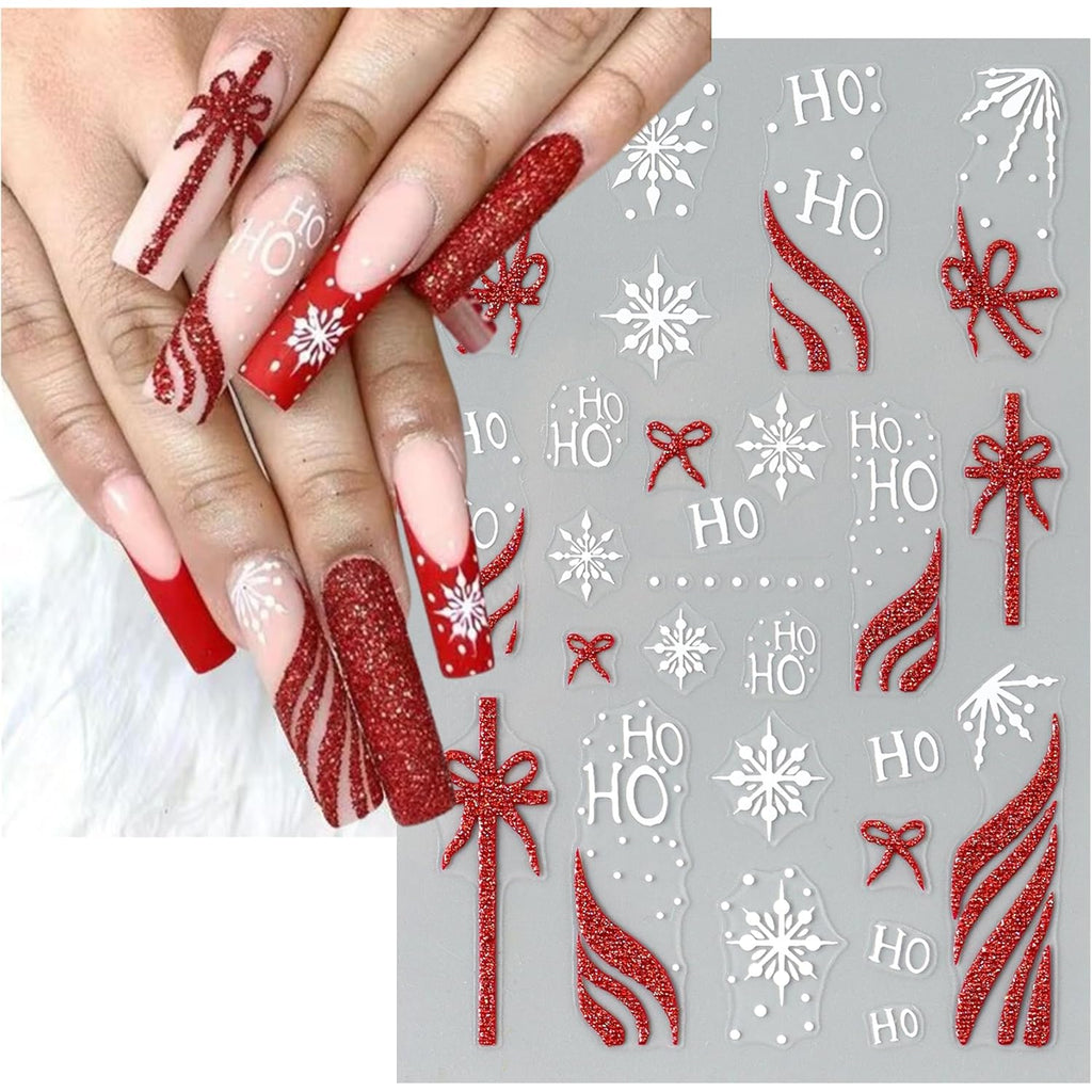 IDDFEVE Christmas Gift Bow Nail Art Stickers, Santa Hat Elk Snowflake Design, 3D Self-Adhesive Glitter French Nail Tip Winter Holiday Nail Decals for Women (5 Sheets)