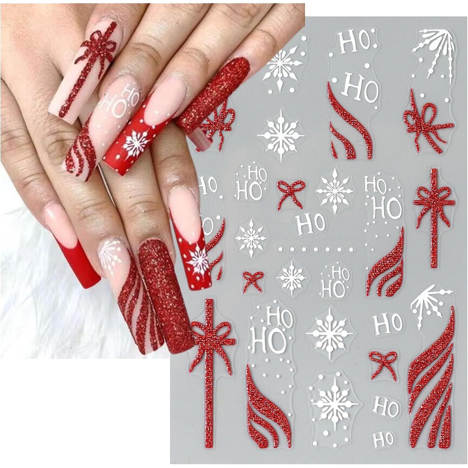 IDDFEVE Christmas Gift Bow Nail Art Stickers, Santa Hat Elk Snowflake Design, 3D Self-Adhesive Glitter French Nail Tip Winter Holiday Nail Decals for Women (5 Sheets)