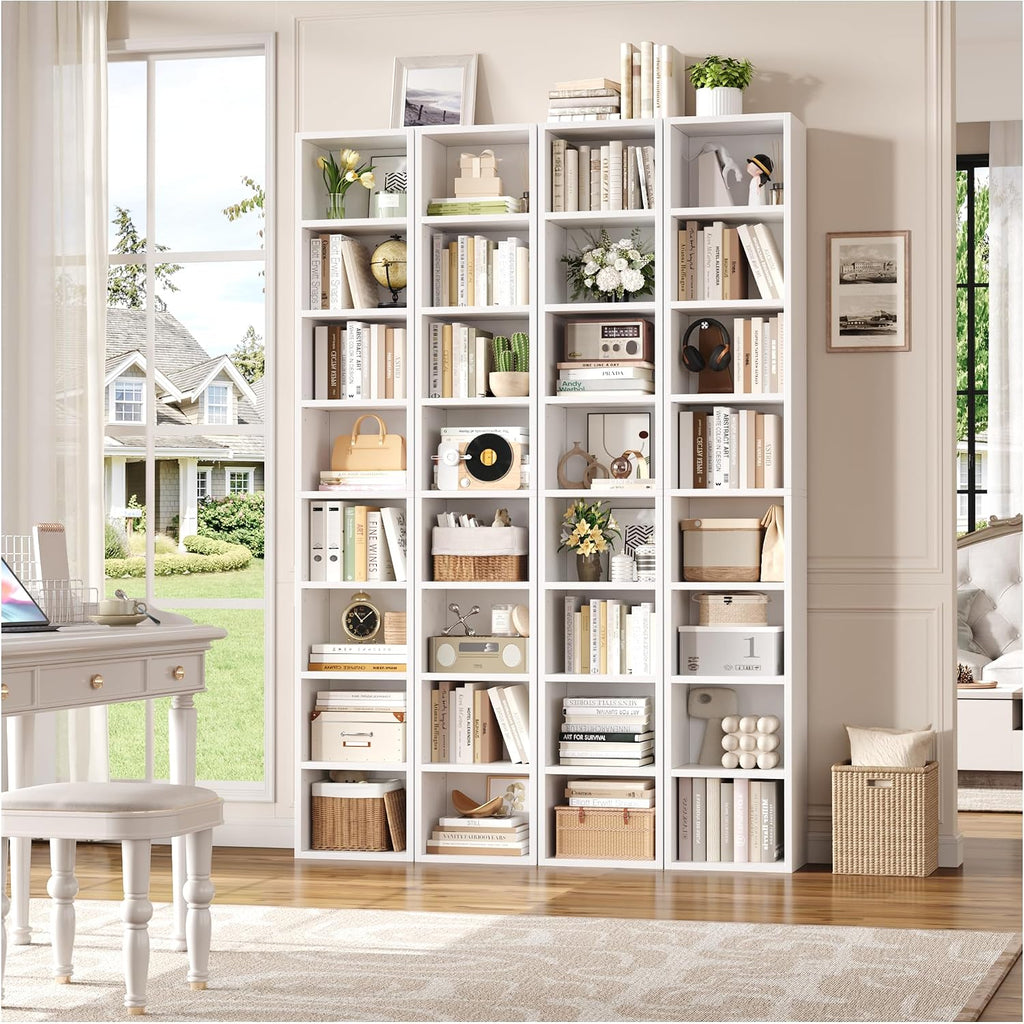 Fotosok White Bookshelf 8-Tier Narrow Bookshelf, 11.6 X 9.3 X 70.9 Tall Cd Dvd Media Tower Rack With 4 Adjustable Shelves, Tall Narrow Bookcase Slim Display Bookshelf With Cube Storage For Home Office