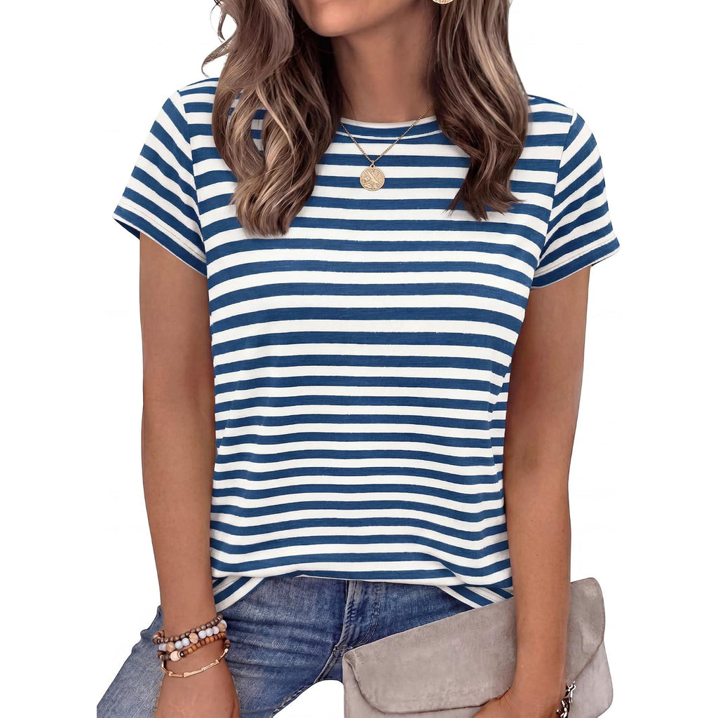 Btfbm Tops For Women Trendy Summer 2026 Crew Neck Short Sleeve T Shirts Striped Casual Vacation Blouse Basic Tee