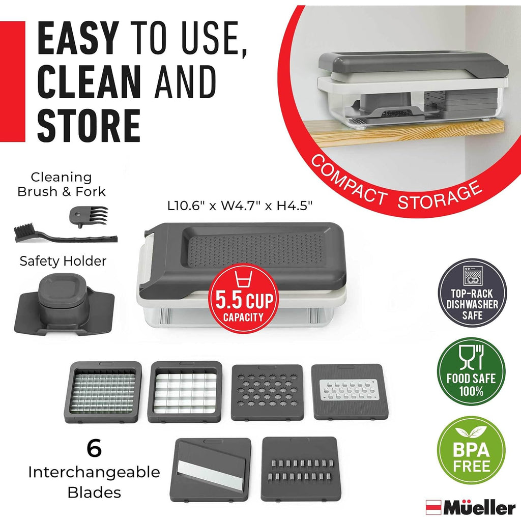 Mueller Vegetable Chopper Mandoline Slicer, Food Veggie Chopper, Cheese Grater, Onion Vegetable Cutter With Container, Dicer, Kitchen Gadgets & Essentials, White Sand/Grey