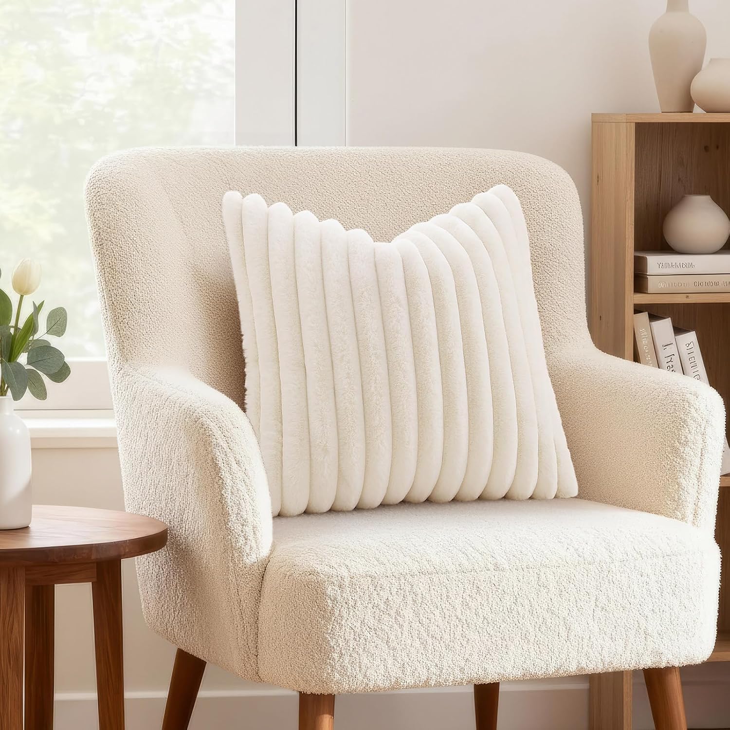 Decoruhome Fall Cozy Faux Fur Throw Pillow Covers 18X18 Set Of 2 Decorative Soft Plush Striped Modern Farmhouse Boho Couch Pillow Cases With Velvet Back For Sofa Bed Living Room, Cream White