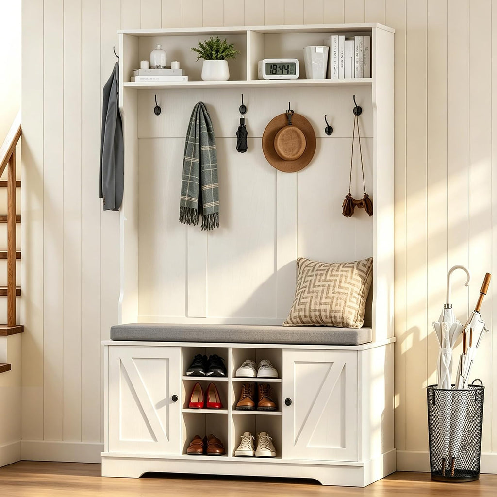 71" Hall Tree With Bench And Shoe Storage, Entryway Hall Tree With 2 Doors And 6 Adjustable Shelves, Cushioned Storage Bench With Coat Rack For Hallway, Living Room, Mudroom