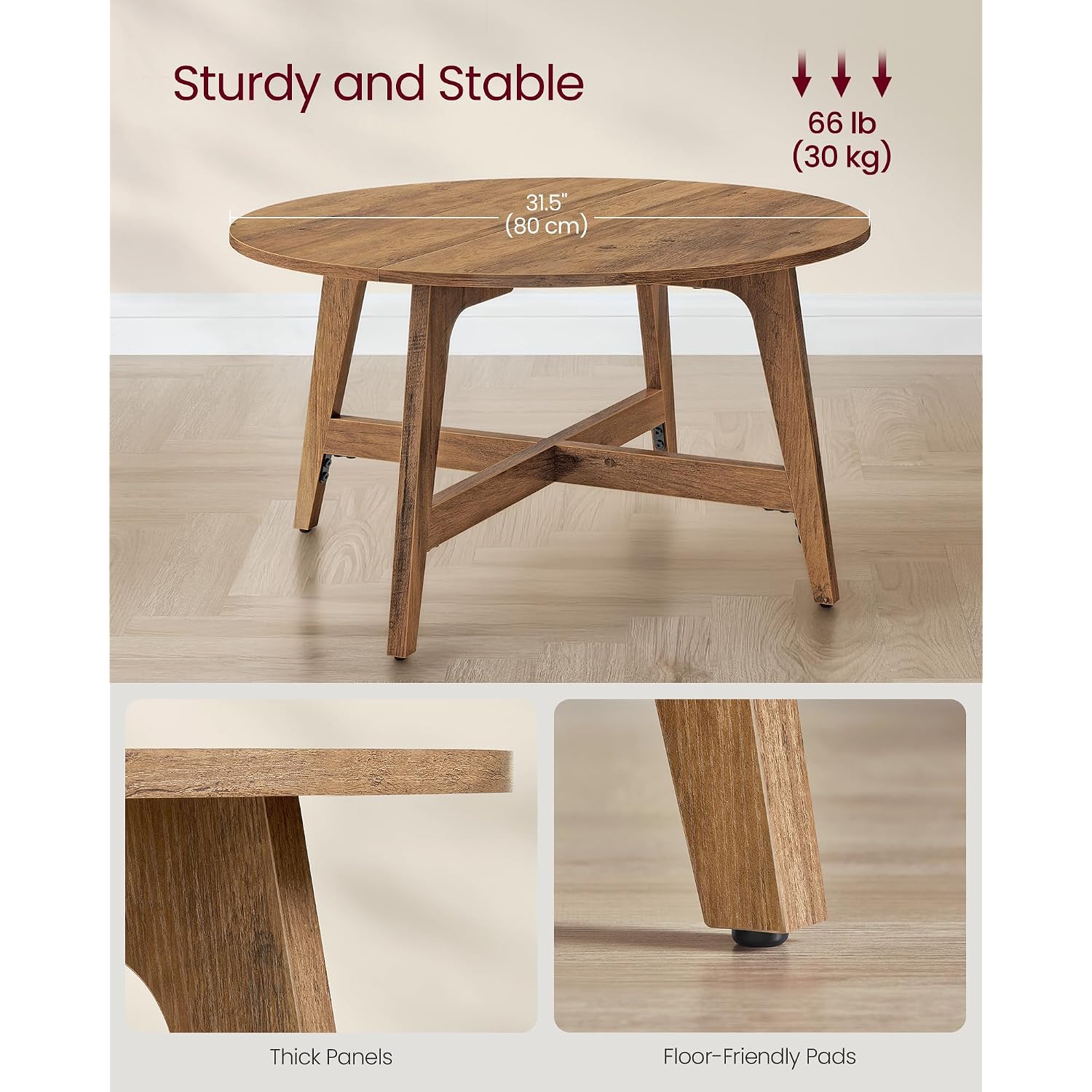 Vasagle Maezo Collection - Round Coffee Table, 31.5-Inch Center Table, Tapered Legs, Curved Transitions, Easy To Assemble, For Living Room, Honey Brown Ulct251Kb01S