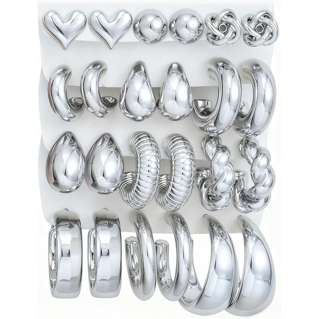 12 Pairs Chunky Silver Hoop Earrings for Women Trendy, Silver Plated Lightweight Thick Open Twisted Stack, Non Tarnish Huggie Hoops Earring Set
