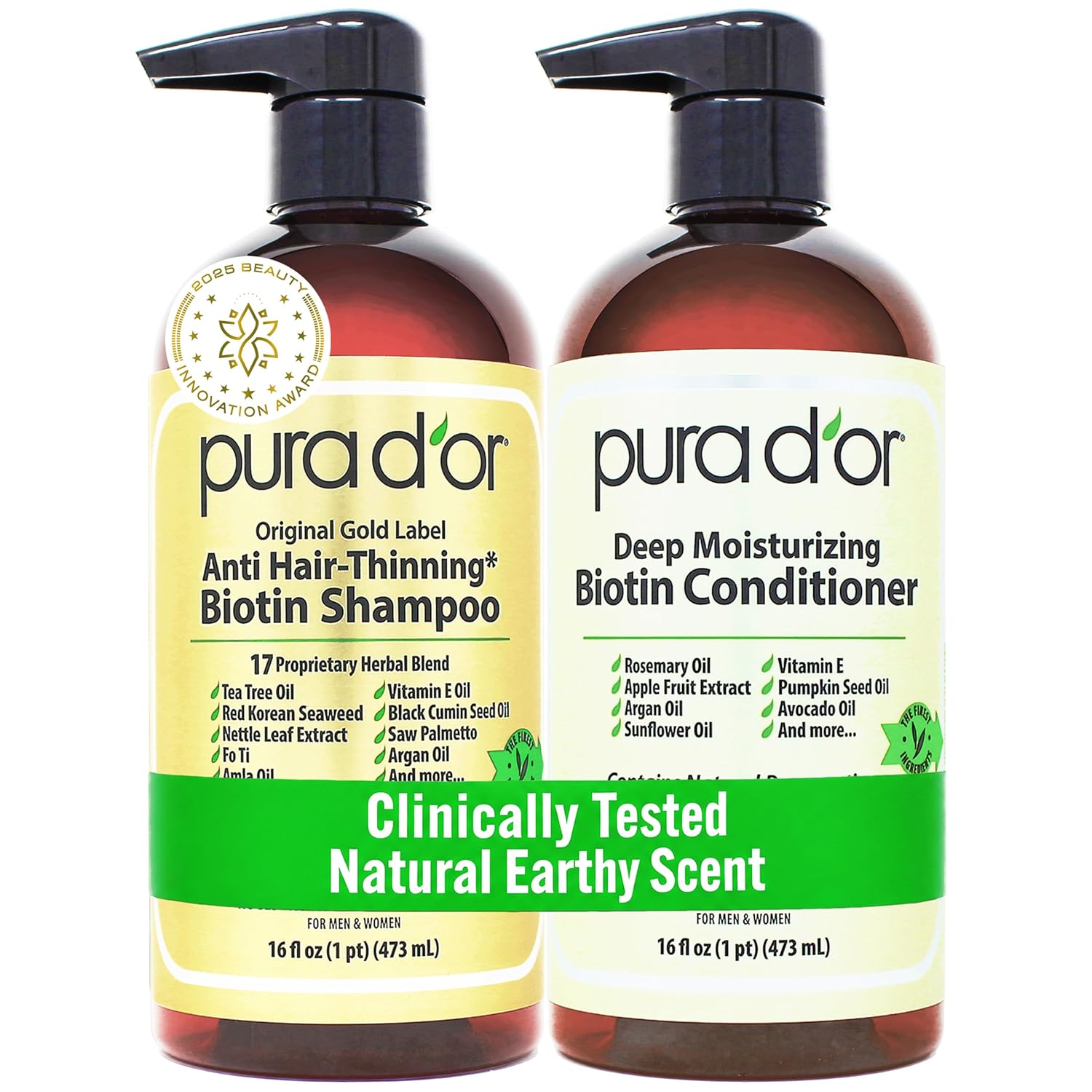 PURA D'OR Anti-Thinning Biotin Shampoo and Conditioner Natural Earthy Scent, CLINICALLY TESTED Effective Results, Herbal Blend Thickening Products For Women & Men, Original Gold Label Set, 16oz x2 | Deep Moisturizing
