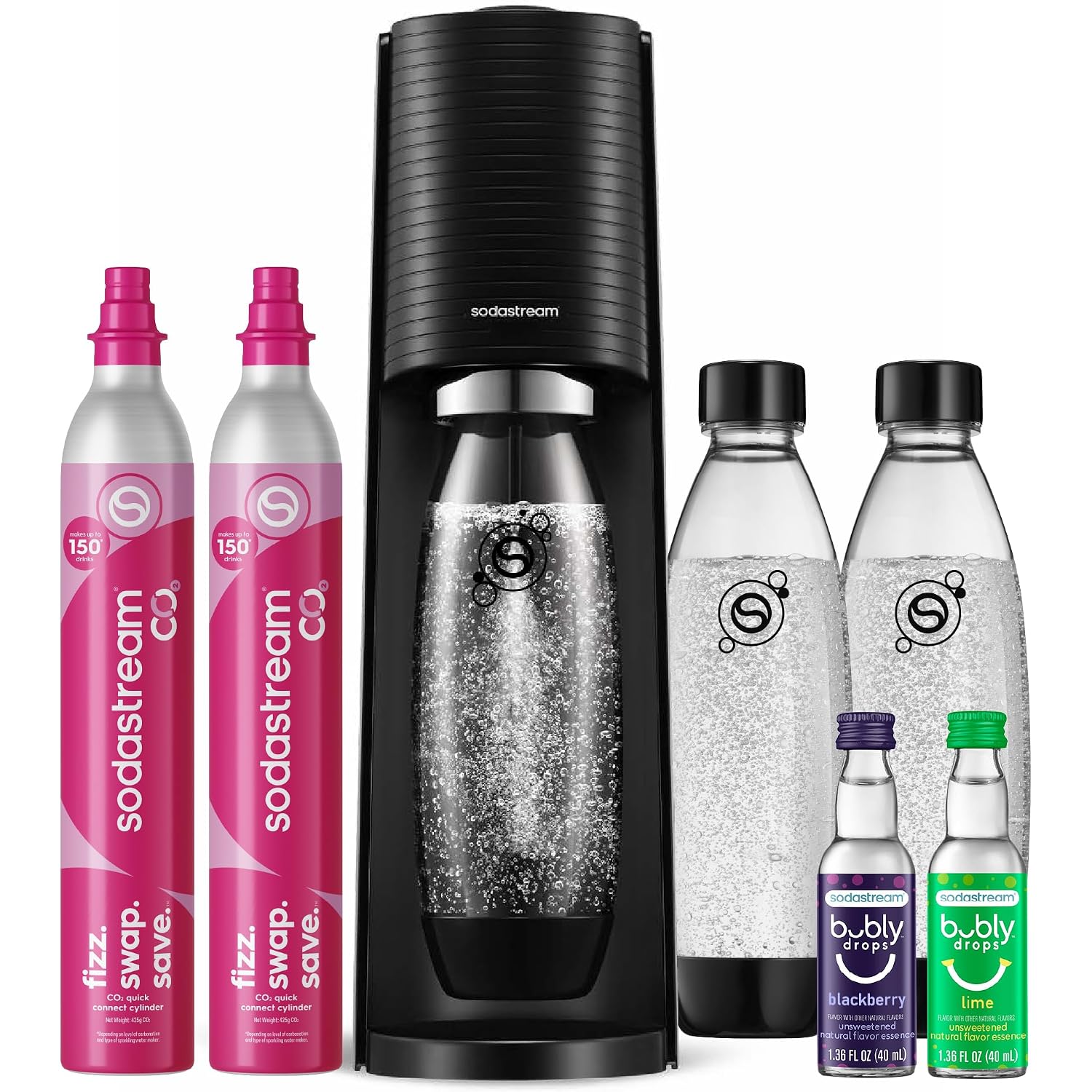 Sodastream Terra Sparkling Water Maker, Value Bundle, Cqc Co2 System, Includes 2 Quick Connect 60L Co2 Cylinders, 3 Dishwasher Safe Bpa Free Bottles, 2 Bubly Flavor Drops, Make Your Own Pepsi, Black