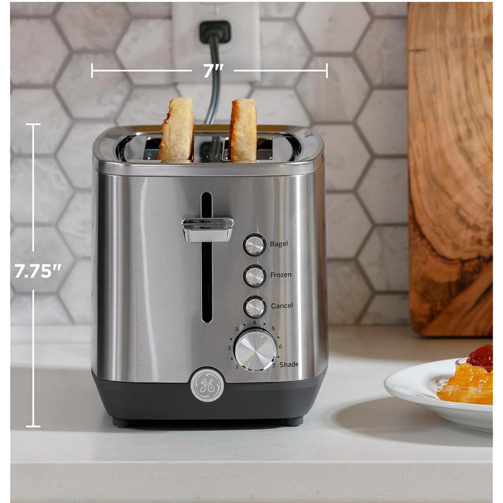 GE 2 Slice Stainless Steel Toaster, Extra Wide Slots for Toasting Bagels, Breads, Waffles & More, 7 Adjustable Shade Settings, Removable Crumb Tray, Countertop Kitchen Essentials, 850 Watts